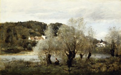 Fisherman on the Edge of a Pond in the Village of Avary by Jean Baptiste Camille Corot