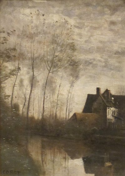A River Scene with Houses and Poplars by Jean Baptiste Camille Corot