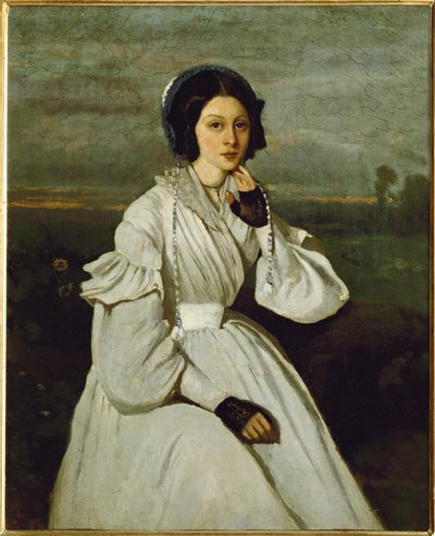 Girl in White Dress in a Landscape by Jean Baptiste Camille Corot