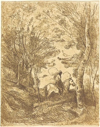 Horseman in the Woods, Large Plate by Jean Baptiste Camille Corot