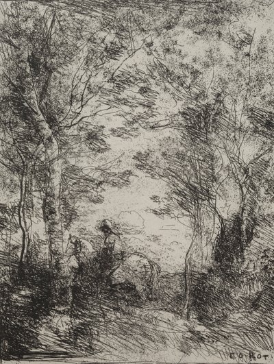 Horseman in the Woods, Original Impression 1854, Printed in 1921 by Jean Baptiste Camille Corot