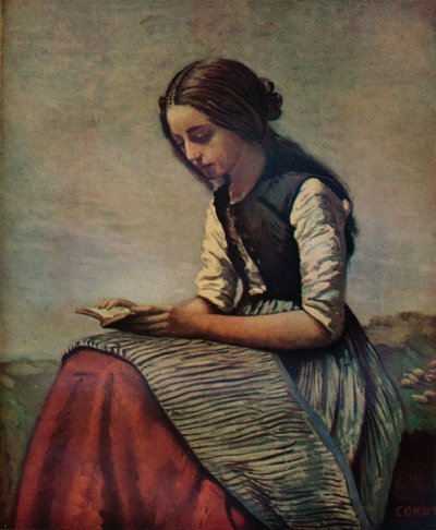 The Little Reader or Young Shepherdess Sitting and Reading by Jean Baptiste Camille Corot
