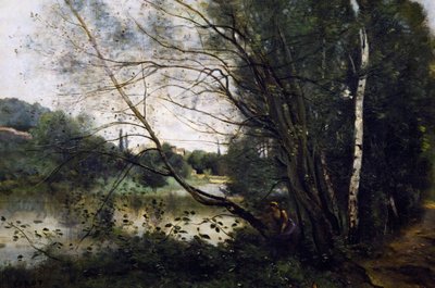 Lake with the leaning tree trunk by Jean Baptiste Camille Corot