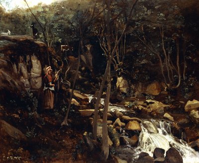 Lormes - A Torrent with a Standing Peasant, Spinning Wool by Jean Baptiste Camille Corot
