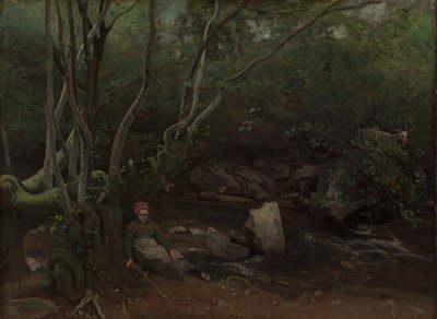 Goat-Girl Sitting Beside a Stream in a Forest by Jean Baptiste Camille Corot