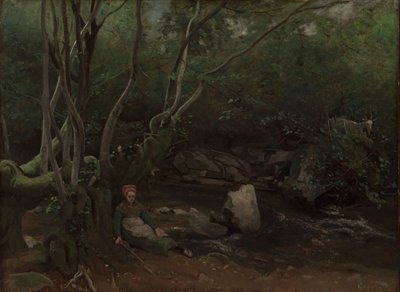 Lormes: Goat-Girl Sitting Beside a Stream in a Forest by Jean Baptiste Camille Corot