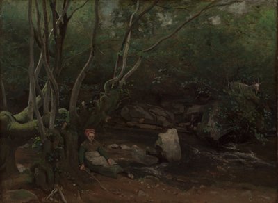 Lormes: Goat-Girl Sitting Beside a Stream in a Forest by Jean Baptiste Camille Corot