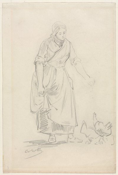 Peasant Girl Feeding Chickens by Jean Baptiste Camille Corot