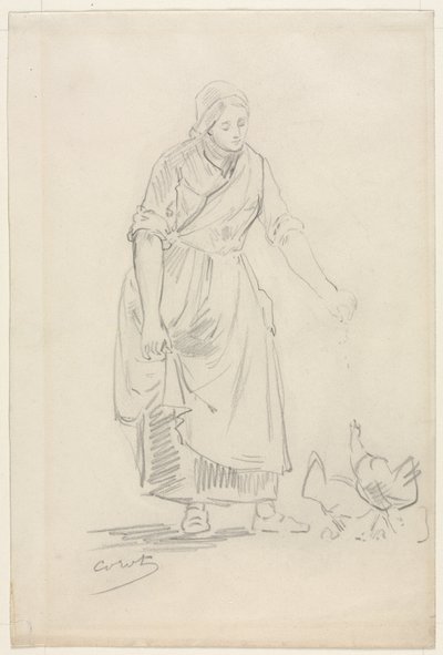 Peasant Girl Feeding Chickens by Jean Baptiste Camille Corot