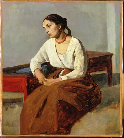 Seated Woman in Brown Skirt by Jean Baptiste Camille Corot