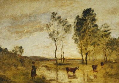 The Ford; Cows on the Edge of a Ford by Jean Baptiste Camille Corot