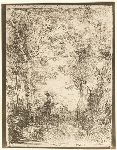The Rider in the Woods, small plate by Jean Baptiste Camille Corot