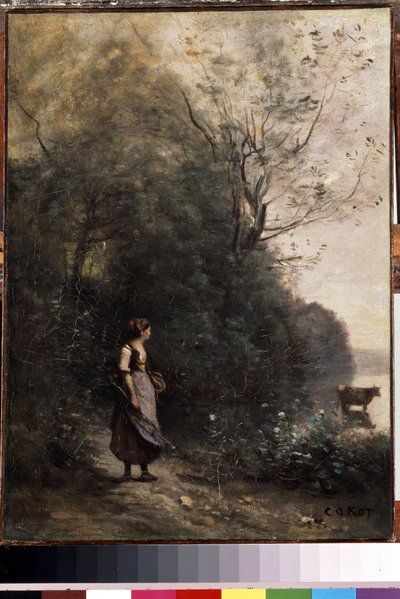 Shepherdess with a Cow at the Edge of the Forest by Jean Baptiste Camille Corot