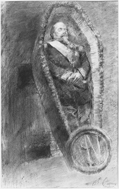 Emperor Napoleon III in his coffin during the funerary service, celebrated in the church at Chislehurst, England, on the 13th January 1873 by Jean Baptiste Carpeaux