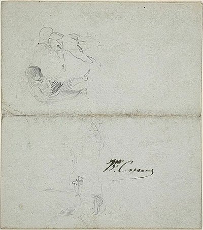 Sketches of Two Children, Boats at Sea (front); Sketches of Striding Male Figure Holding Staff and Coastal Scene (back) by Jean Baptiste Carpeaux