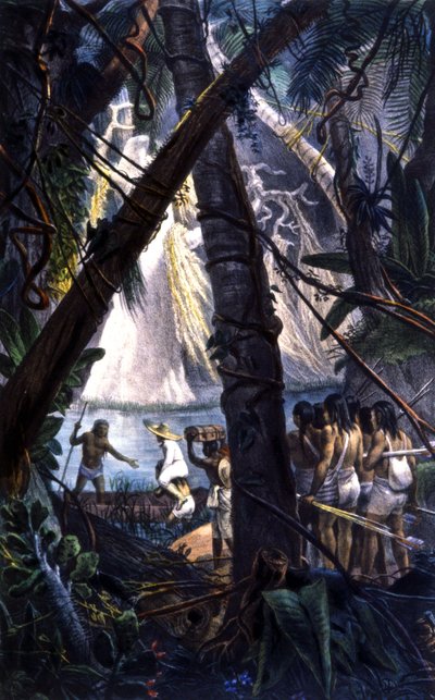 Goyana Indians in the Amazonian Forest. Lithography 1839 by Jean Baptiste Debret