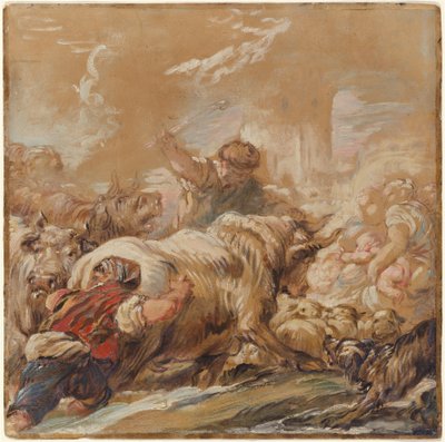 Herdsmen Driving Cattle across a Stream by Jean Baptiste Deshays