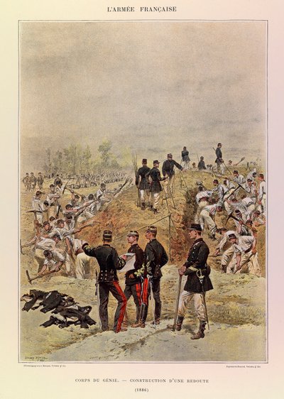 Types and Uniforms of the French Army by Captain Jules Richard, Illustrated by Edouard Detaille: Corps of Engineers; Construction of a Redoubt in 1886, Private Collection by Jean Baptiste Edouard Detaille