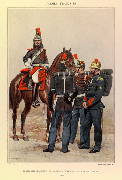 Types and uniforms of the French Army of Captain Jules Richard, illustrated by Edouard Detaille (1848-1912): Republican Guard and Fire Fighters in Great Outfit in 1887 by Jean Baptiste Edouard Detaille