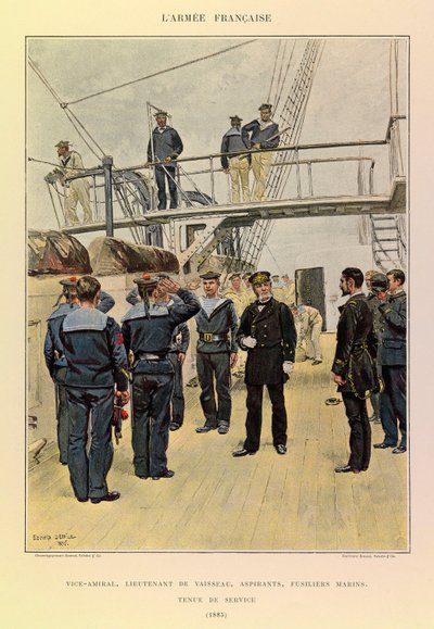 Types and uniforms of the French Army of Captain Jules Richard, illustrated by Edouard Detaille (1848-1912): Navy: Vice Admiral, lieutenant of ship, aspirants, marine rifles in service dress in 1885, Private collection by Jean Baptiste Edouard Detaille
