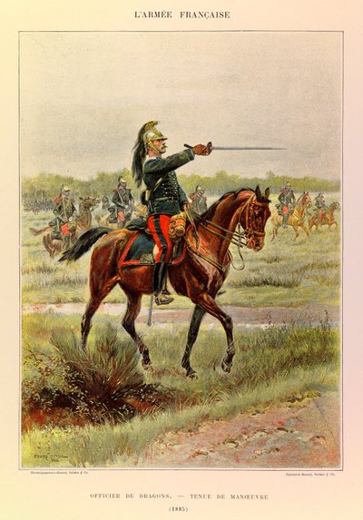 Types and uniforms of the French Army of Captain Jules Richard, illustrated by Edouard Detaille (1848-1912): Officer of Dragons in maneuver suit in 1885, Private Collection by Jean Baptiste Edouard Detaille