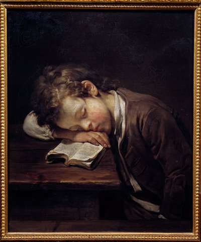 The lazy little one. Portrait of a young boy who slouches on his book. Painting by Jean Baptiste Greuze (1725-1805) by Jean Baptiste Greuze