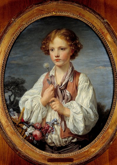 Young boy in the basket of flowers by Jean Baptiste Greuze