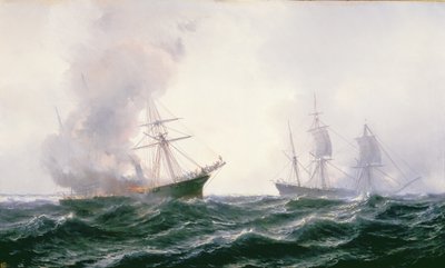 A ship on fire at sea, with another standing by by Jean Baptiste Henri Durand Brager
