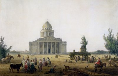 View of the Pantheon in Paris with a carriage bearing a statue of Jean-Jacques Rousseau by Jean Baptiste Hilair