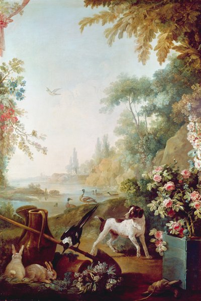 Two Rabbits, a Magpie and a Dog, from the Salon of Gilles Demarteau by Jean Baptiste Huet