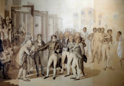 Napoleon Bonaparte, First Consul, visits the velvet factory of the Sevene brothers in Rouen, November 1802 by Jean Baptiste Isabey