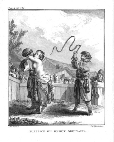 Punishment of Natalia Fyodorovna Lopukhina with an Ordinary Knout. From Voyage en Sibérie, 1766 by Jean Baptiste Le Prince