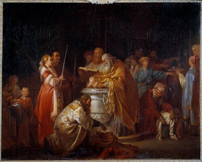 Russian baptism: An Orthodox pope baptizes a child in front of his parents by Jean Baptiste Leprince