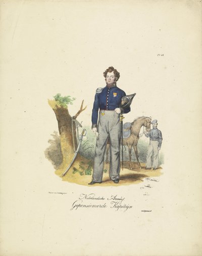 Retired Captain, 1820-1825 Dutch Army, Retired Captain (title on object) Military Costumes of the Kingdom of the Netherlands. Dedicated to His Excellency Willem van Bylandt (series title on object) by Jean Baptiste Madou