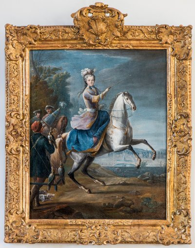 Equestrian portrait of Marie Leszczynska, wife of Louis XV by Martin Jean Baptiste (Martin Des Battailles). (Foucon hunting first of the castle of Fontainebleau) - Musee de Sceaux by Jean Baptiste Martin