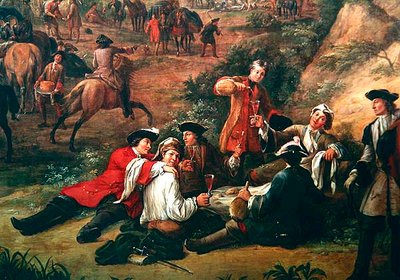 Group of Soldiers Drinking, (detail) View of the Headquarters of the Prince of Conti between San Sebastian and Hondarribia, June 1719 by Jean Baptiste Martin