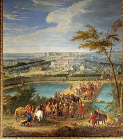 View of the city and the castle of Versailles taken from the hill of Montbauron, Louis XIV and Francois Michel le Tellier, Marquis de Louvois visit the new reservoirs by Jean Baptiste Martin