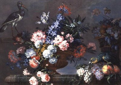 A Still Life of Fruit and Flowers with Birds by Jean Baptiste Monnoyer