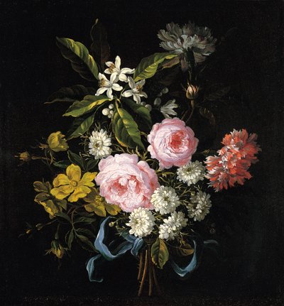 Bouquet of Chamomile, Roses, Orange Blossom and Carnations Tied with a Blue Ribbon by Jean Baptiste Monnoyer