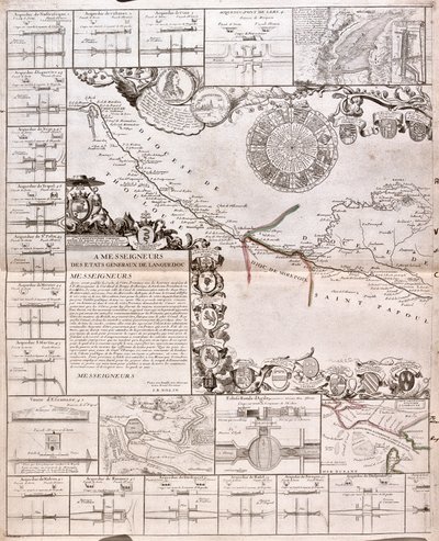 Map of the Canal du Midi, with its aqueducts by Jean Baptiste Nolin