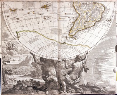 Two men support the earthly globe, with the map of South America by Jean Baptiste Nolin