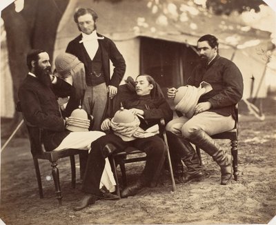 Group portrait at the Governor Generals Camp, L-R: Maj Jones, Mr. Walters, The Governor, 1858-61 by Jean Baptiste Oscar Mallitte