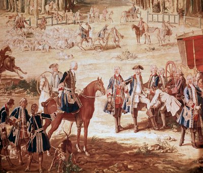 Hunt of Louis XV King Louis XV hunting in the forest of Compiegne (The Hunt of Louis XV - Tapestry) the start of the pack (detail) by Jean Baptiste Oudry