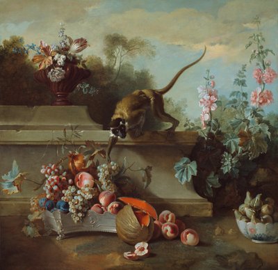 Still Life with Monkey, Fruits, and Flowers by Jean Baptiste Oudry