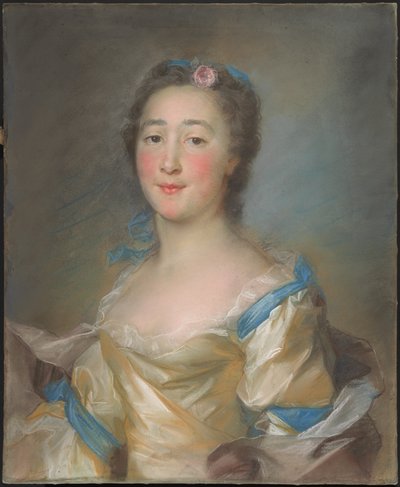 A Young Lady in a Yellow Gown with Blue Ribbons by Jean Baptiste Perronneau
