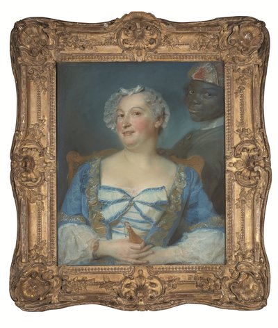 Portrait of a woman in a blue dress and her black servant by Jean Baptiste Perronneau