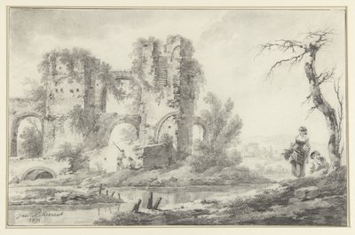 Ruin by a River with a Boy and a Girl on the Right by Jean Baptiste Pillement