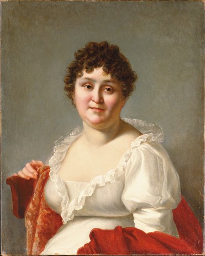 Portrait of Madame Regnault, bust-length, in a white dress and persimmon shawl by Jean Baptiste Regnault