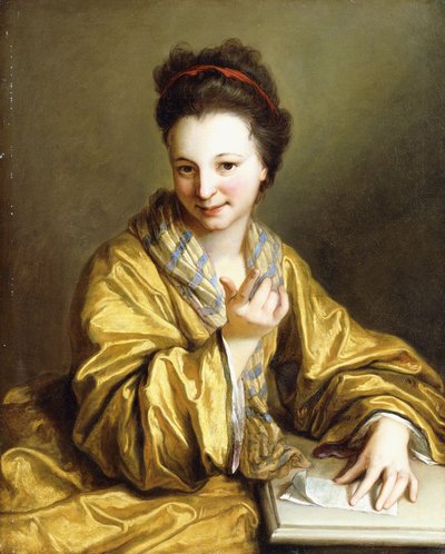 A Young Lady, Wearing a Yellow Robe, Seated at a Table, Beckoning by Jean Baptiste Santerre