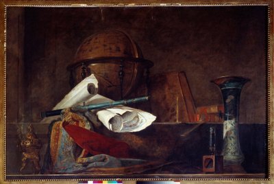 Allegory of science Still life, globe, geographic maps, books and vase by Jean Baptiste Simeon Chardin